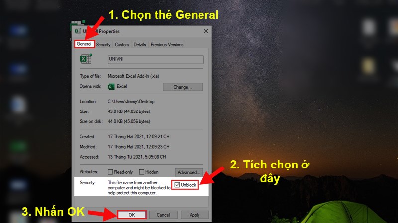 Cửa sổ Properties hiện lên  Chọn thẻ General  Tích chọn ở phần Unlock  Nhấn OK để mở khóa file Add-in